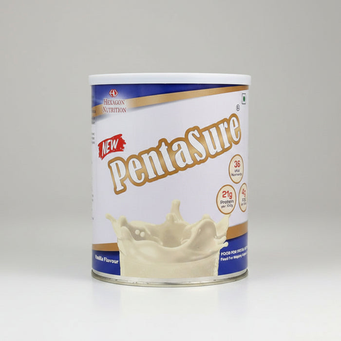A can of Pentasure Vanilla Powder by Hexagon Nutrition, indicating it is a food supplement for balanced nutrition.