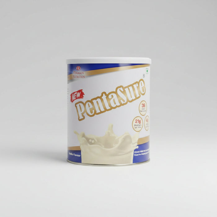 A canister of Pentasure Vanilla Powder by Hexagon Nutrition, 400gm size, with branding and product information on the label.