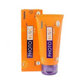 Two tubes of Photobloc sunscreen cream with SPF 50+, one in front of the other, packaged in orange and white aerosol packaging.