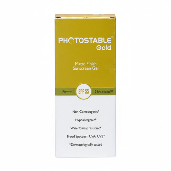 Packaging of Photostable Gold Sunscreen Gel, displaying the product name and details such as ' Matte Finish Sunscreen Gel', 'SPF 55', and 'Dermatologically tested'.