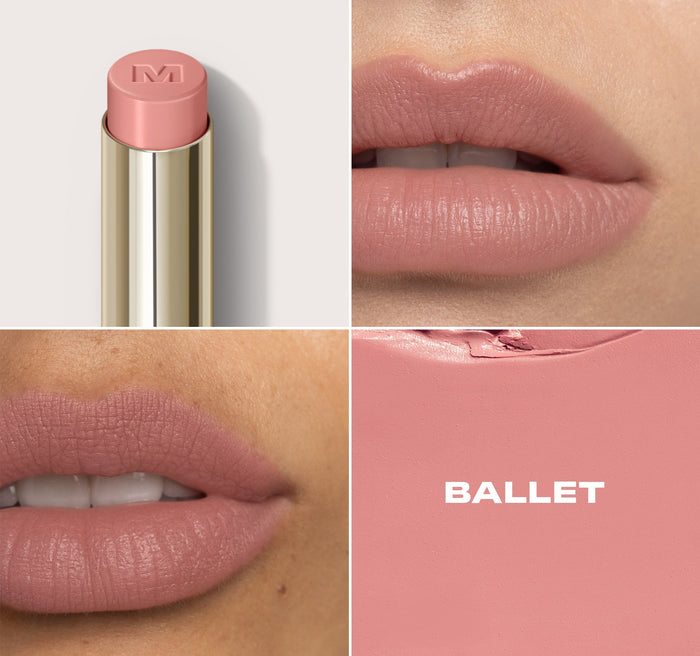 {Ballet} Lip Filter Hydroplump Soft Matte Lipstick macro collage showing bullet with M-logo cap, two lip swatches on different skin tones, and a color swatch labeled BALLET.