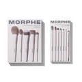 Portrait Mode Eye Want It All Bundle featuring Morphe Portrait Mode 5-Piece Face Brush Set and Morphe Eye Want It All 7-Piece Eye Brush Set in white-handled brushes displayed in packaging.