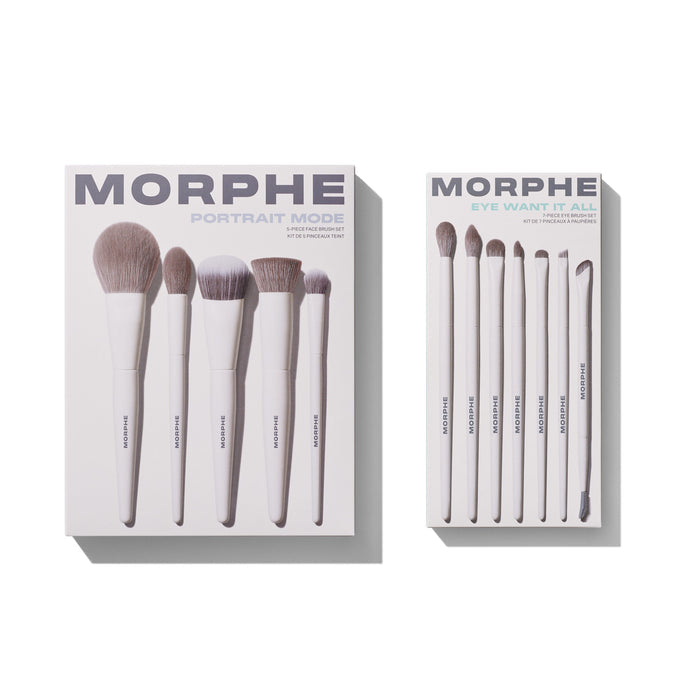 Portrait Mode Eye Want It All Bundle featuring Morphe Portrait Mode 5-Piece Face Brush Set and Morphe Eye Want It All 7-Piece Eye Brush Set in white-handled brushes displayed in packaging.