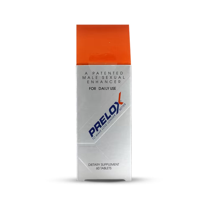 A box of Prelox Male Food Supplement with 60 tablets, indicating it is a patented combination for daily use.
