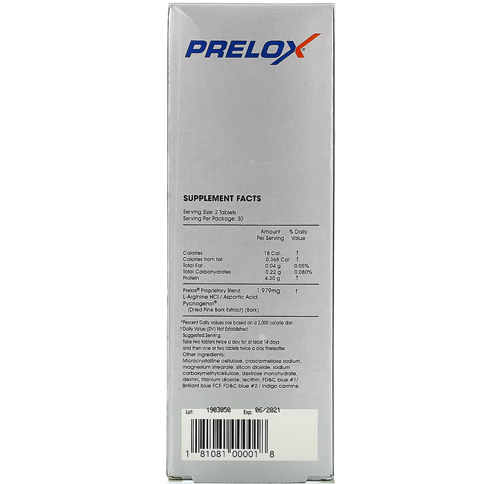 Prelox supplement package with ingredient list on a white background