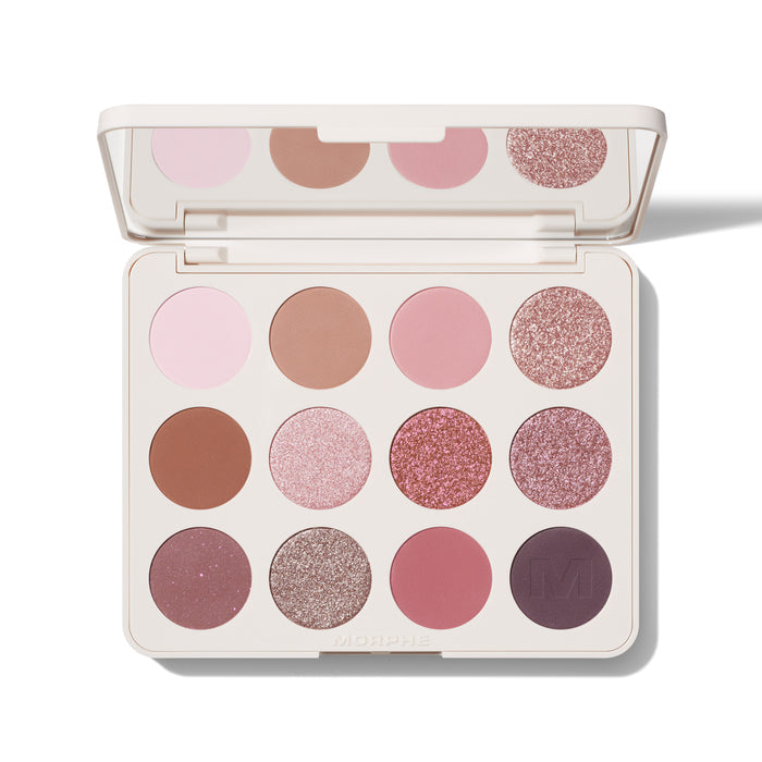 {Rose Frequency} Morphe ChromaPlus 12-Pan Eyeshadow Palette open compact showing 12 matte and shimmer pans in pink, mauve, and burgundy tones with MORPHE on the case.