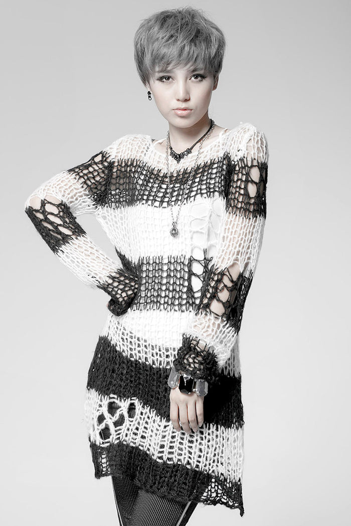 Punk Rave Damage Striped Sweater [Black/White] - Vampirefreaks Store