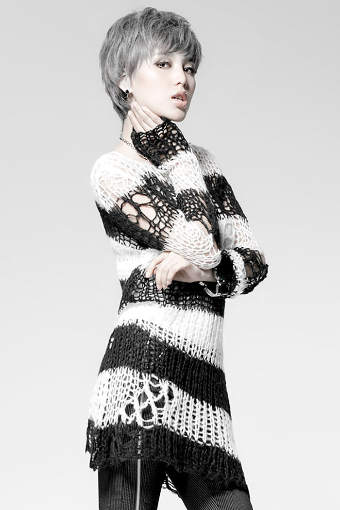 Punk Rave Damage Striped Sweater [Black/White] - Vampirefreaks Store