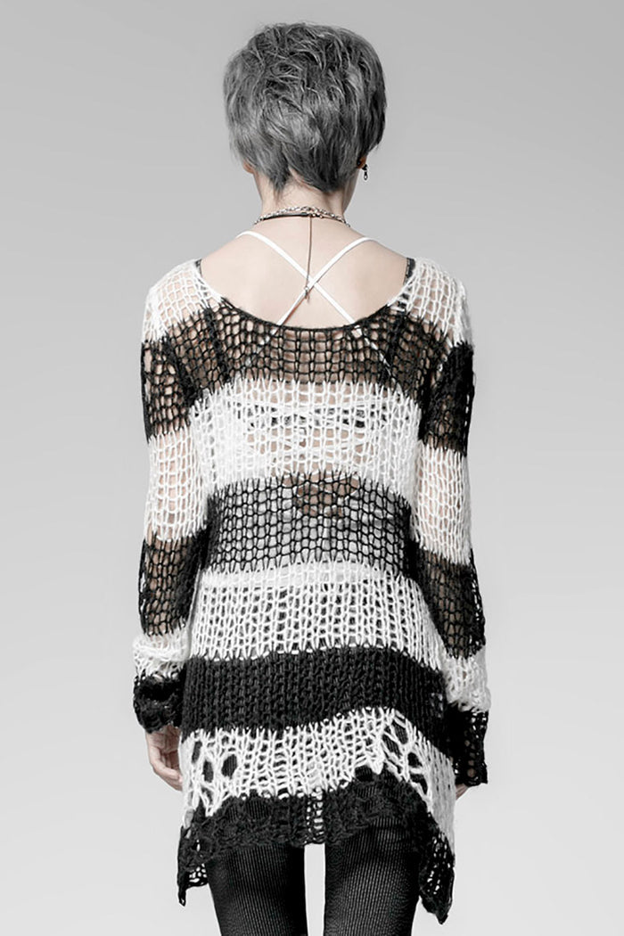 Punk Rave Damage Striped Sweater [Black/White] - Vampirefreaks Store