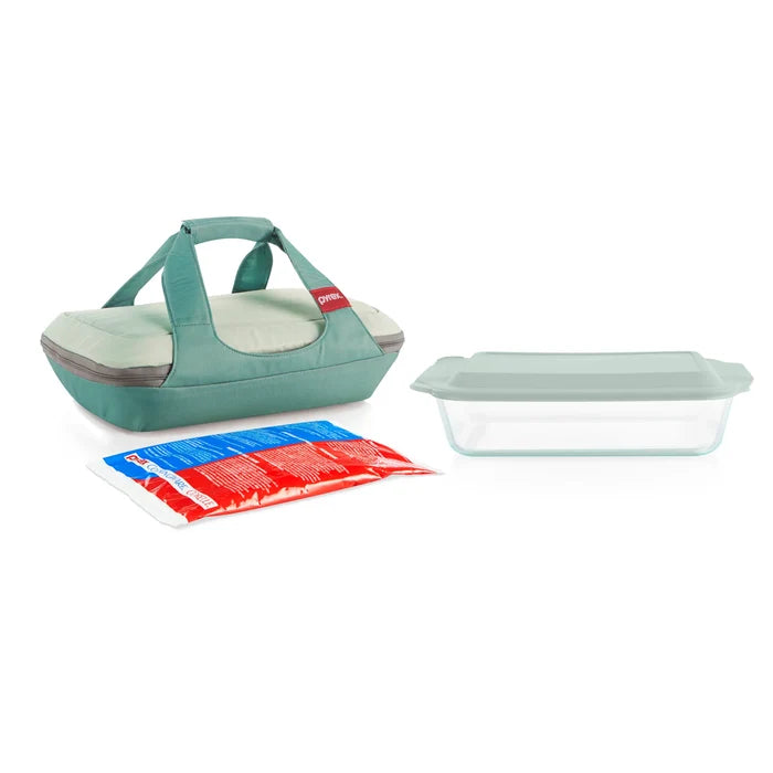 Pyrex® Deep Portable 4-piece Glass Baking Dish Set Portable Set, Green Sage Lid