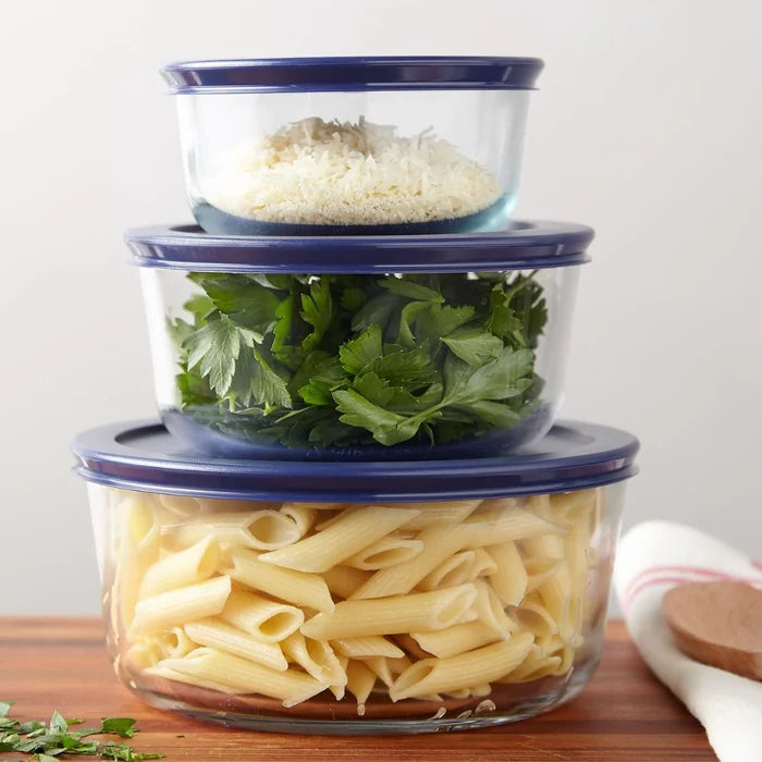 Pyrex® Simply Store® 6-piece Round Glass Food Storage Container Set with Blue Lids
