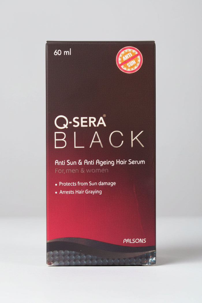 A package of Q-Sera Black Hair Serum, 60ml, with the brand and product information printed on the front.