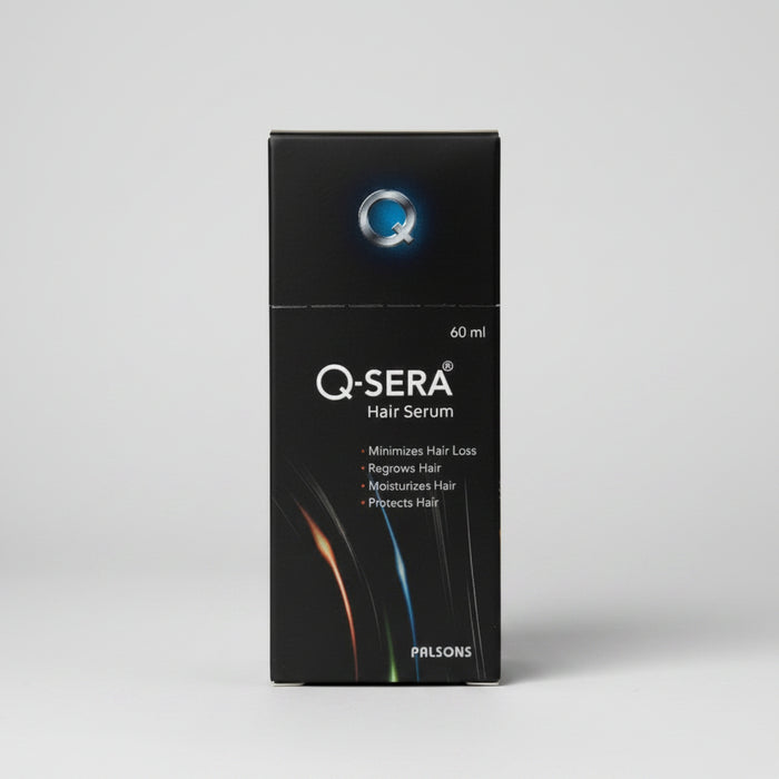 A box of Q-Sera Hair Serum, 60ml, with the product's benefits listed and the Q-Sera logo visible.