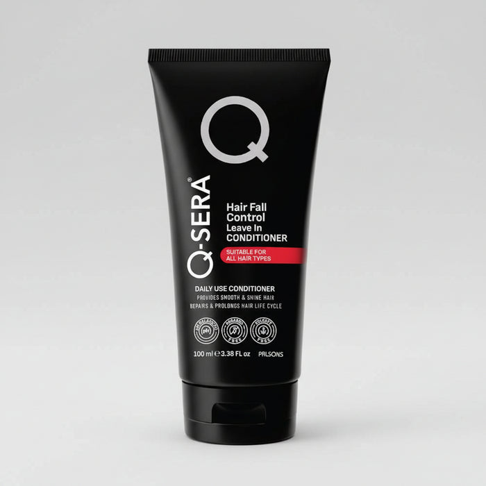 A black squeeze tube of Q-SERA Hair Fall Control Leave In Conditioner, featuring white text and a red accent bar on the front, set against a plain white background.