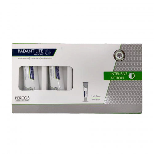 A box of Radant Lite Masque, 50ml, with the brand name and product description visible. The packaging is primarily white with green and gray accents.