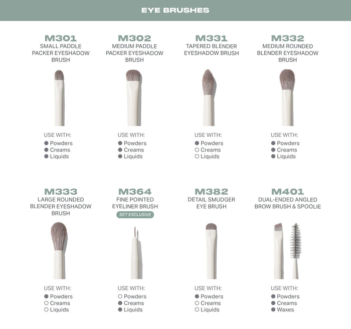 Ready Set Pro 16 Piece Face Eye Brush Set eye brushes infographic showing M301 Small Paddle Packer Eyeshadow Brush, M302 Medium Paddle Packer Eyeshadow Brush, M331 Tapered Blender Eyeshadow Brush, M332 Medium Rounded Blender Eyeshadow Brush, M333 Large Rounded Blender Eyeshadow Brush, M364 Fine Pointed Eyeliner Brush (Set Exclusive), M382 Detail Smudger Eye Brush, and M401 Dual-Ended Angled Brow Brush & Spoolie, each with Use With compatibility for Powders, Creams, and Liquids.