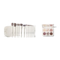 Morphe Ready Set Pro Brush Set Eyeshadow Palette with white MORPHE-labeled brushes, quilted bag, and open 9-pan eyeshadow compact.