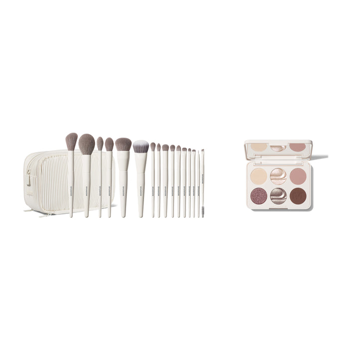 Morphe Ready Set Pro Brush Set Eyeshadow Palette with white MORPHE-labeled brushes, quilted bag, and open 9-pan eyeshadow compact.
