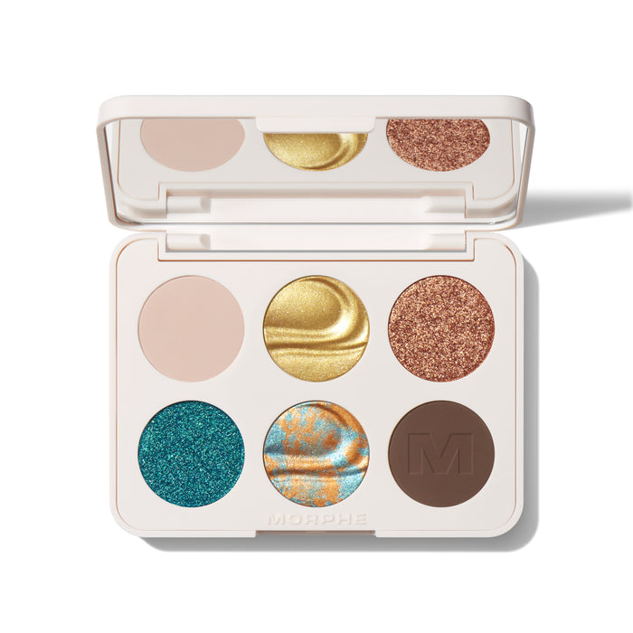 {Python Code} Morphe ChromaPlus 6-Pan Eyeshadow Palette open compact showing cream matte, gold foil, rose copper glitter, teal glitter, teal-orange duochrome, and brown matte pans with MORPHE engraved on base.