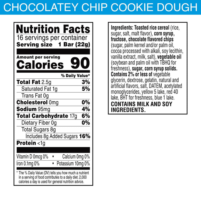 Rice Krispies Treats Chocolatey Chip Cookie Dough Chewy Marshmallow Snack Bars, Ready-to-Eat, 12.4 oz, 16 Count
