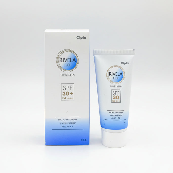 Cipla Rivela Gel Sunscreen SPF 30+ in a white tube with blue and black text, indicating broad spectrum protection, 60gm size, with Argan Oil mention.