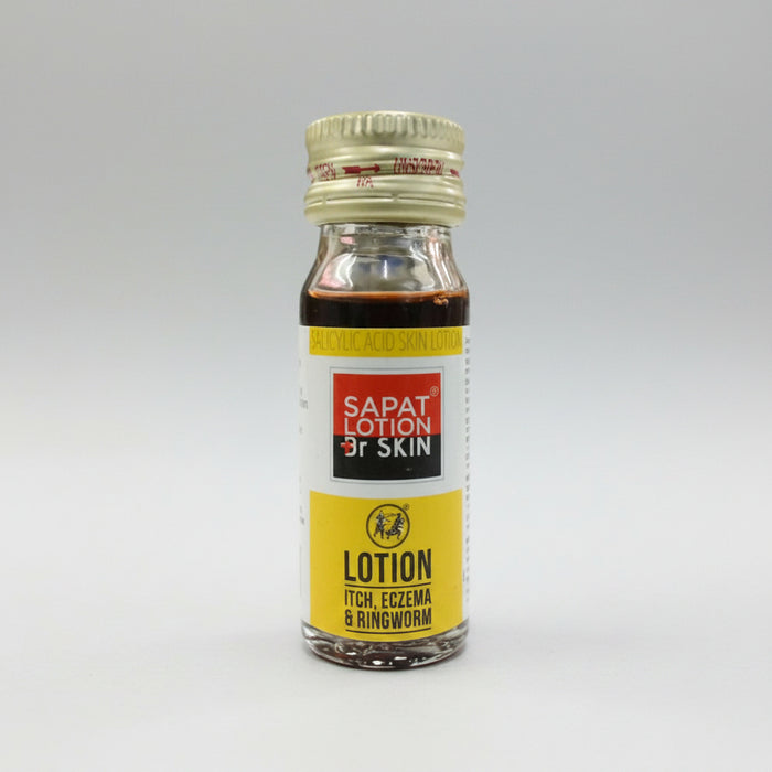A bottle of Sapat Lotion Dr Skin, 24ml, with a label indicating it is a fungicidal skin lotion.