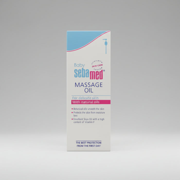 Packaging of Sebamed Baby Massage Oil featuring product information and branding