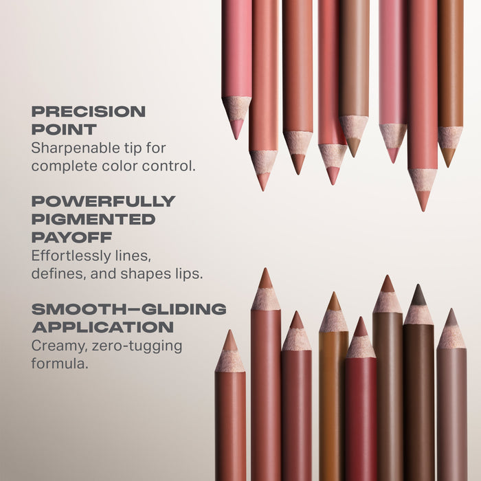 Signature Lip Pencil Bundle benefits graphic showing multiple shades with callouts: PRECISION POINT Sharpenable tip for complete color control. POWERFULLY PIGMENTED PAYOFF Effortlessly lines, defines, and shapes lips. SMOOTH–GLIDING APPLICATION Creamy, zero-tugging formula.