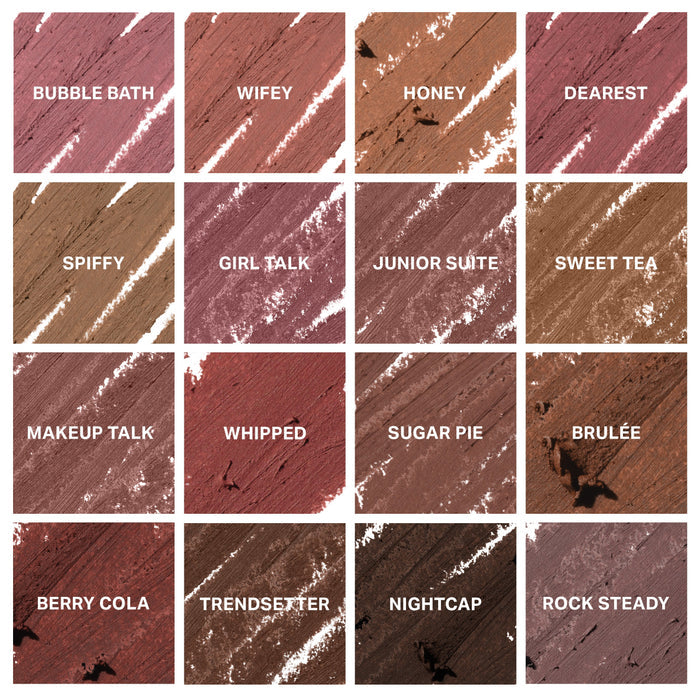 Signature Lip Pencil Bundle shade smear grid showing all 16 shades: Bubble Bath, Wifey, Honey, Dearest, Spiffy, Girl Talk, Junior Suite, Sweet Tea, Makeup Talk, Whipped, Sugar Pie, Brulée, Berry Cola, Trendsetter, Nightcap, and Rock Steady.