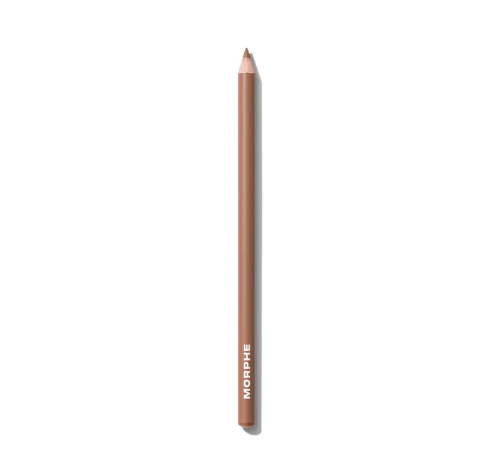 {Spiffy} Morphe Signature Lip Pencil in a warm nude-brown shade, pencil printed with MORPHE on barrel, sharpened tip shown.