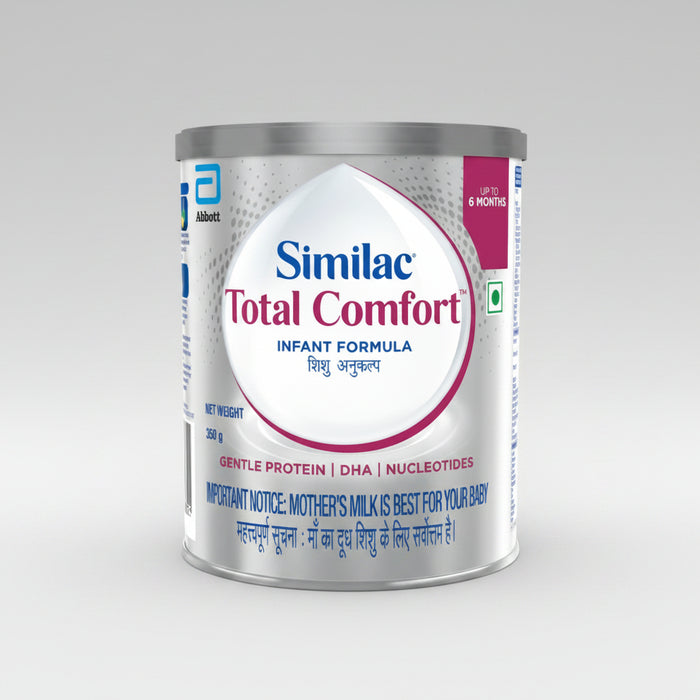 A can of Similac Total Comfort infant formula by Abbott, indicating it is gentle protein formula with DHA and ARA, designed for infants 6 months and older.