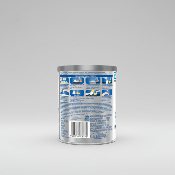 A silver metal can of pet food shown from the back, featuring blue and white text and instructional diagrams, set against a neutral gray background.