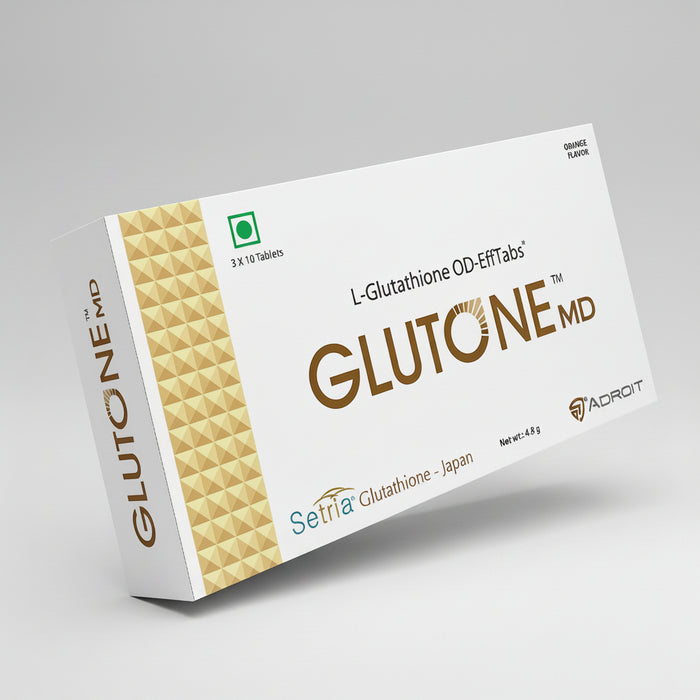 Packaging of Glutone MD mouth dissolving tablets, showing the box and blister pack with branding and product information.