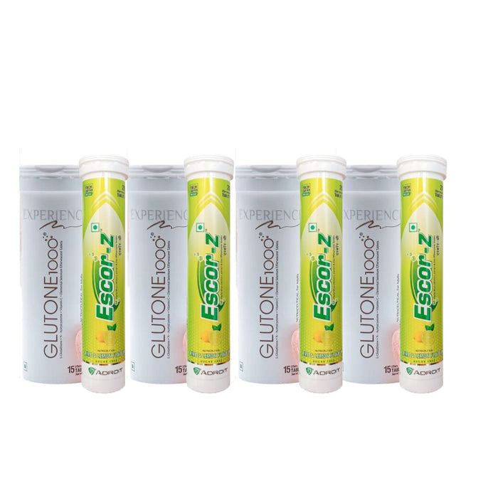 A pack of four bottles of Glutone 1000 supplement with Escor Z, in lime and lemon flavor.