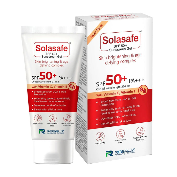 Packaging and tube of Solasafe SPF 50+ Silicone Sunscreen, with information about the product visible