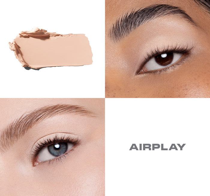 {Airplay} Solo Artist Priming Cream Eyeshadow shade AIRPLAY swatch alongside two on-eye macro shots showing the light nude finish on fair and medium skin tones.