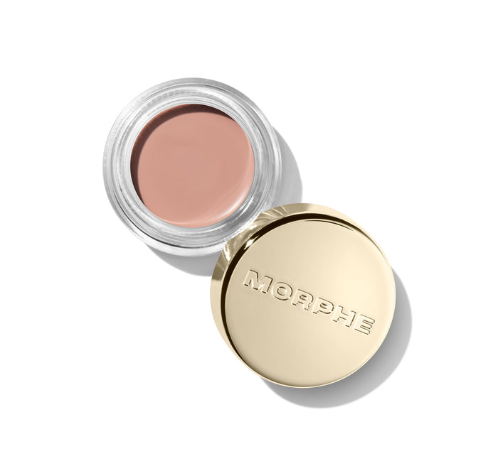 {Debut} Open jar of Morphe Solo Artist Priming Cream Eyeshadow in peachy nude, clear glass body with gold cap embossed MORPHE