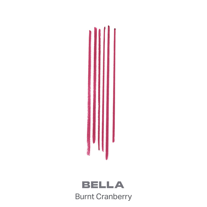 {Bella} Soulmatte Filling Gel Lip Liner color smear swatches in shade BELLA Burnt Cranberry, matte berry-rose finish.