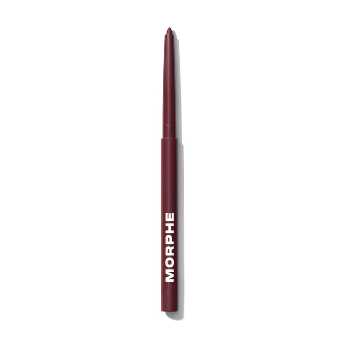 {Compatible} Morphe Soulmatte Filling Gel Lip Liner in deep burgundy with MORPHE on barrel, sharpened tip, white background.