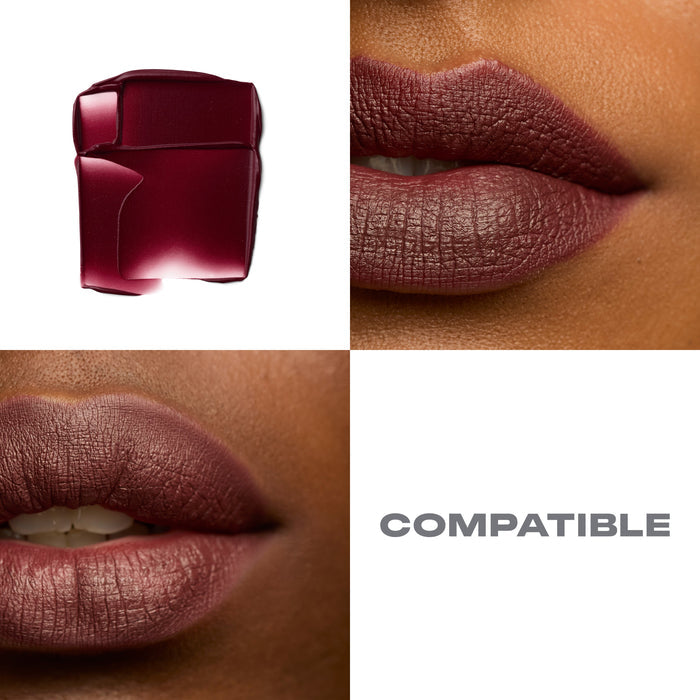 {Compatible} Soulmatte Velvet Lip Mousse deep wine-burgundy bottle with two close-up matte lip swatches on deep skin tones; text: COMPATIBLE.