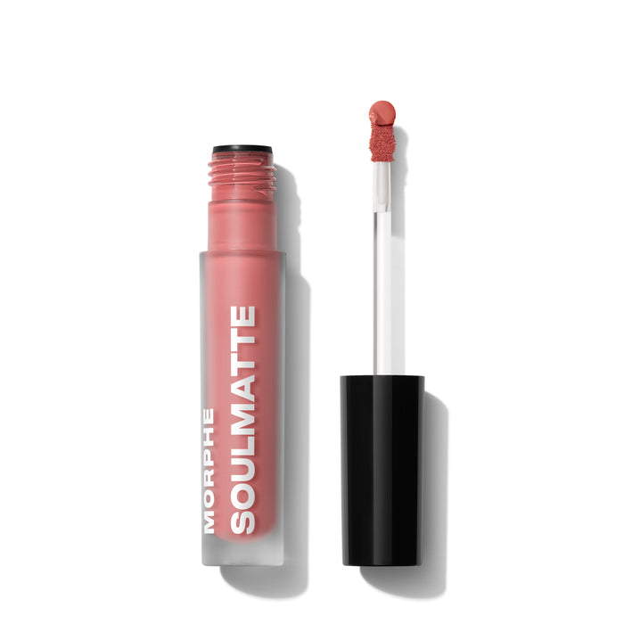 {Dearest} Morphe Soulmatte Velvet Lip Mousse in Dearest, a dusty rose shade, open with doe-foot applicator, labeled 'MORPHE SOULMATTE'.