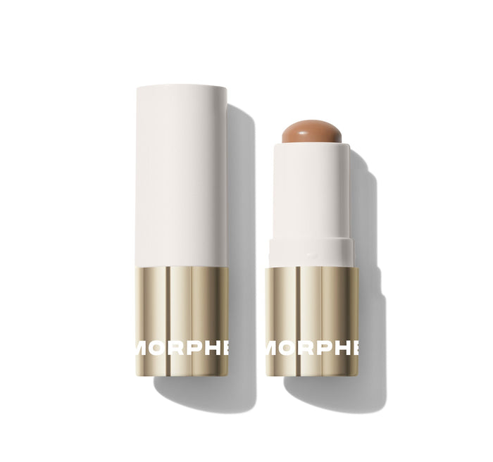 {Flicker} Morphe Sudden Heat Creamy Bronzer Stick shown closed and open with warm bronze formula, white and gold MORPHE packaging.