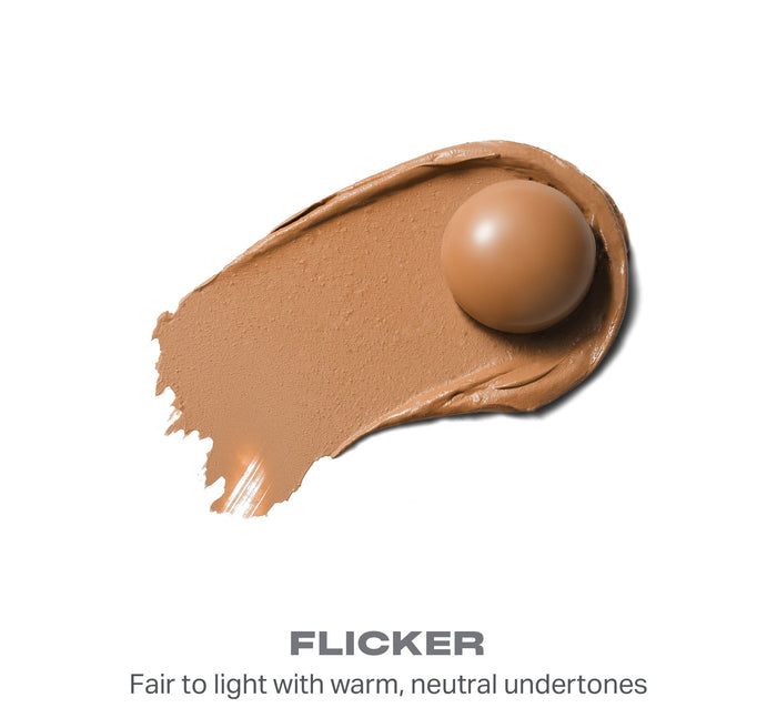 {Flicker} Swatch of Sudden Heat Creamy Bronzer Stick with spherical applicator; text reads "FLICKER — Fair to light with warm, neutral undertones."