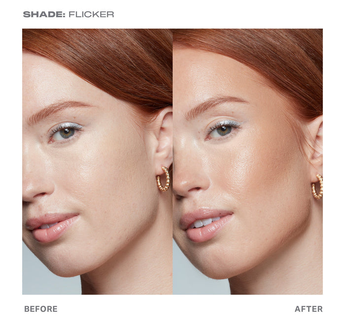 {Flicker} Sudden Heat Creamy Bronzer Stick shade FLICKER before-and-after on model showing warm bronze contour glow, labeled BEFORE and AFTER.