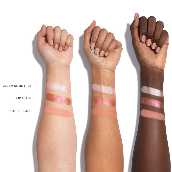 {Dream Sequins} Morphe ChromaPlus Eyeshadow Trio in Dream Sequins arm swatches on light, medium, and deep skin tones showing shades Gleam Come True (metallic pearl shimmer), Flip Tease (metallic copper rose gold shimmer), and Peach Splash (matte peach coral)
