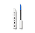 Morphe The Big Prime Lash Primer open: white tube labeled MORPHE and wand with bright blue priming-product-coated bristles.