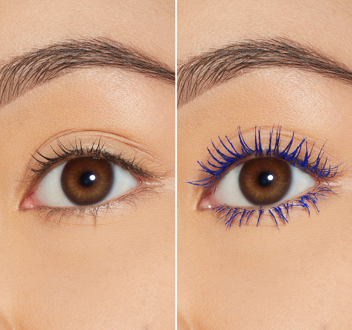 Morphe The Big Prime Lash Primer before-and-after: bare lashes left, blue-tinted volumized lashes right showing primer coverage.