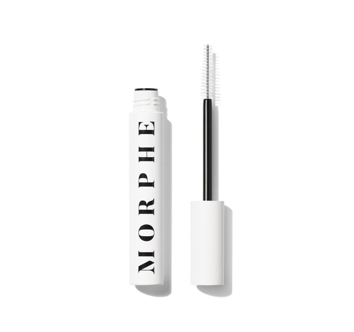 Morphe The Big Prime Lash Primer open: white tube labeled MORPHE and clean wand with white spiral bristles.