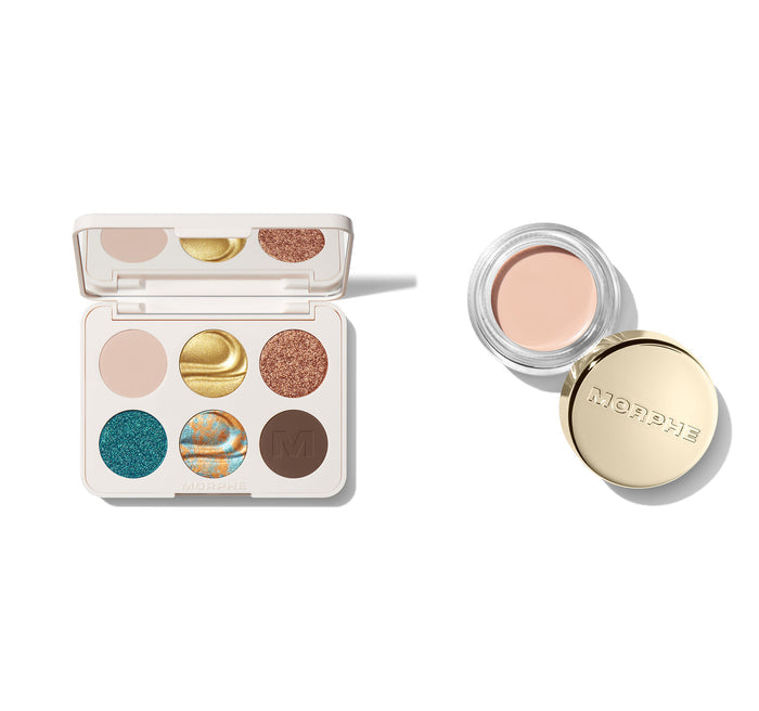 Morphe Chromaplus 6 Pan Solo Artist open eyeshadow palette with 6 shades alongside an eye primer pot with MORPHE engraved gold lid.