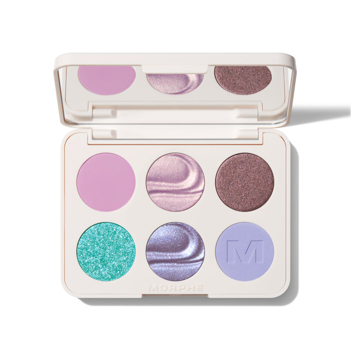 {Sky Fi} Morphe Chromaplus 6 Pan Eyeshadow Palette open in cream case with lavender matte, pink shimmer, brown glitter, teal glitter, silver shimmer, and periwinkle matte shades; MORPHE engraved on pan.